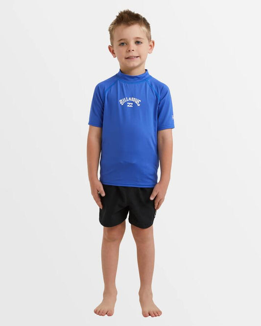 Image of a model wearing Tops. Product name - Billabong Boys 0-7 All Day Arch Long Sleeve Rash Vest Cobalt in Cobalt colour by brand - Billabong