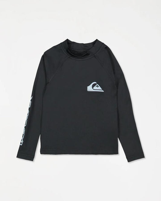 Image of a model wearing Tops. Product name - Quiksilver Boys 2-7 Everyday Long Sleeve Upf 50 Surf T-Shirt Black in Black colour by brand - Quiksilver