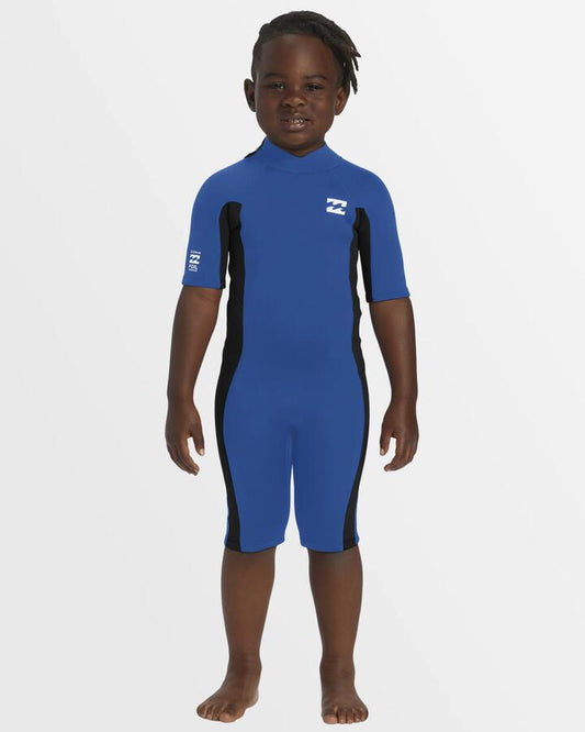 Image of a model wearing Tops. Productname: Billabong Boys 2-6 2/2Mm Foil Back Zip Springsuit Mid Blue - in Mid Blue colour by brand - Billabong
