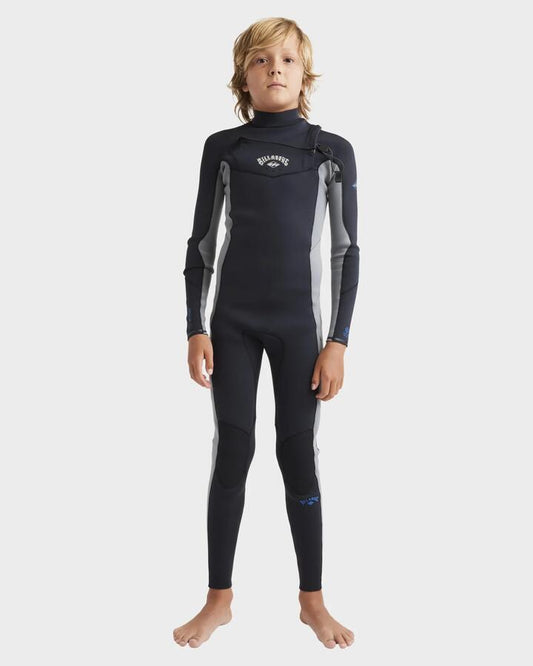 Image of a model wearing Tops. Productname: Billabong Boys 6-16 3/2Mm Absolute Natural Chest Zip Steamer Wetsuit Alloy - in Alloy colour by brand - Billabong