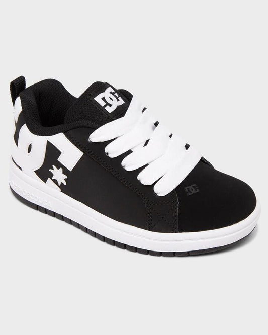 Image of Shoes. Productname: DC Shoes - Boys 4-16 Court Graffik Skate Shoes - Black/White - in Black/White colour by brand - DC Shoes