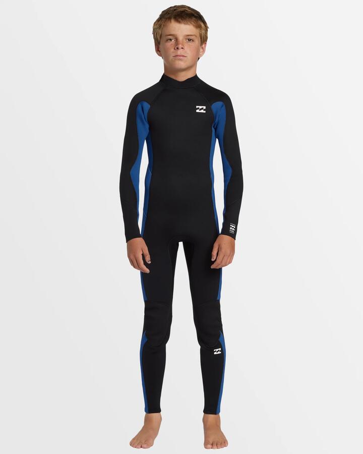 Image of a model wearing Tops. Productname: Billabong Boys 6-16 3/2Mm Foil Back Zip Steamer Wetsuit Mid Blue - in Mid Blue colour by brand - Billabong