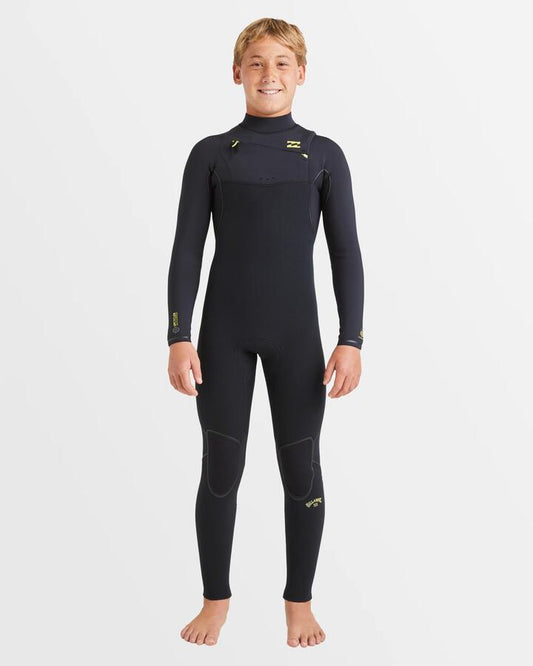 Image of a model wearing Tops. Productname: Billabong Boys 6-16 3/2Mm Furnace Natural Chest Zip Steamer Wetsuit Black - in Black colour by brand - Billabong
