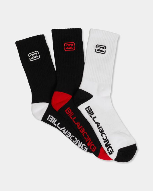 Image of Socks. Product name - Billabong Boys 8-16 Bracket Wave 3 Pack Crew Socks Multi in Multi colour by brand - Billabong