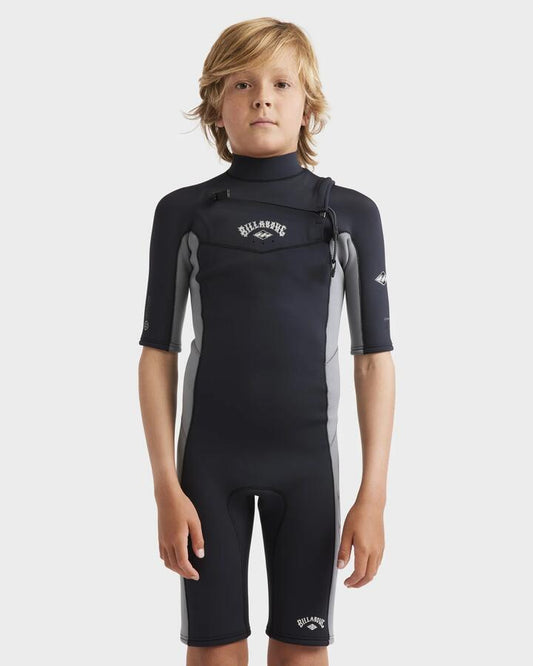 Image of a model wearing Tops. Productname: Billabong - Boys 8-16 Absolute Natural Chest Zip Springsuit - Alloy - in Alloy colour by brand - Billabong