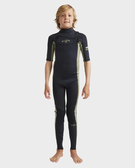 Image of a model wearing Tops. Productname: Billabong Boys 8-16 Absolute Natural Chest Zip Fullsuit Military - in Military colour by brand - Billabong