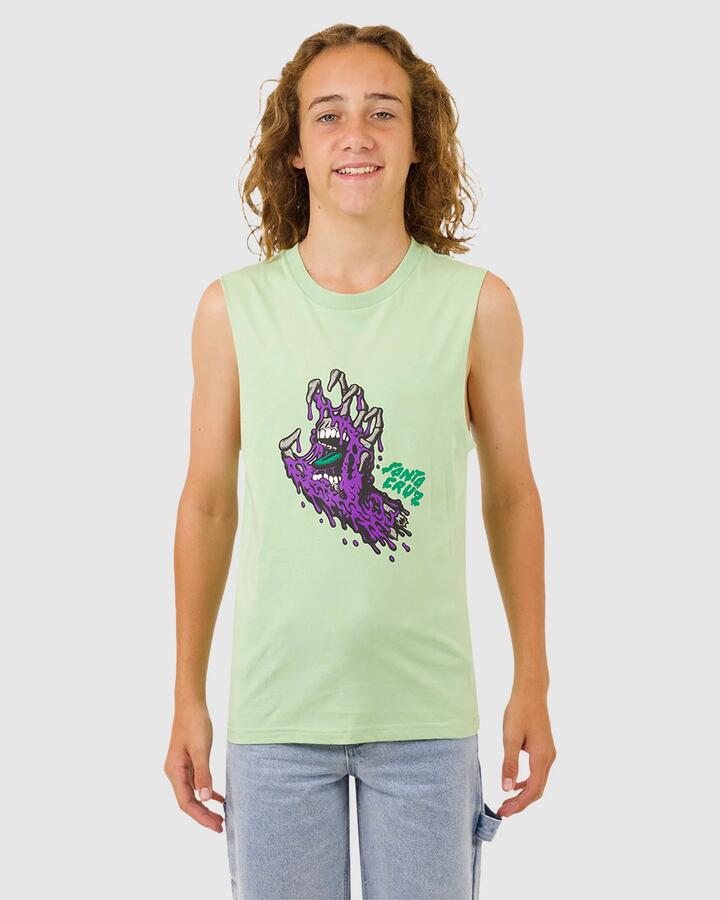 Image of a model wearing Tops. Product name - Santa Cruz Boys 8-16 Melting Hand Front Muscle Top Sage in Sage colour by brand - Santa Cruz
