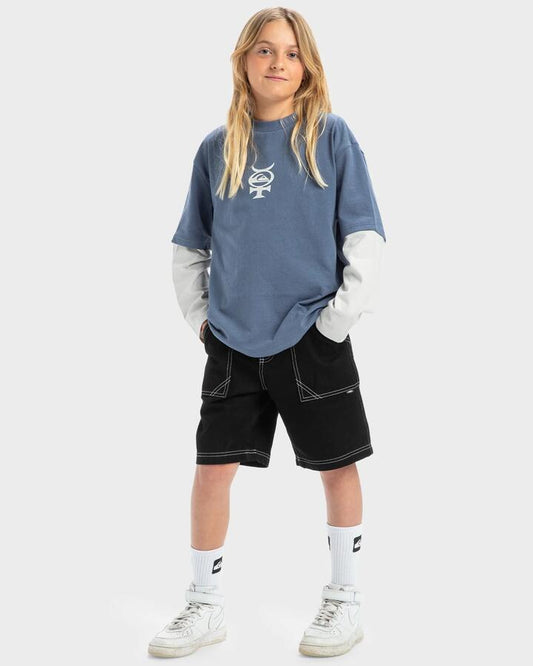 Image of a model wearing Shorts. Productname: Quiksilver Boys 8-16 Mercury Denim Cargo Shorts Black - in Black colour by brand - Quiksilver