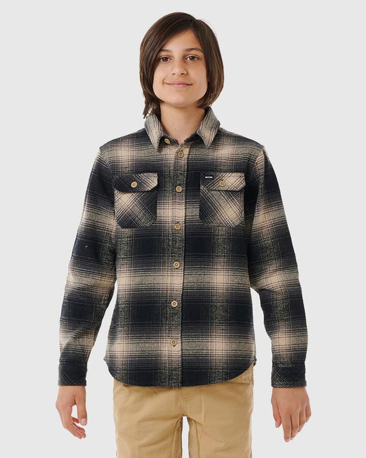Image of a model wearing Tops. Productname: Rip Curl Boys 8-16 Count Flannel Long Sleeve Shirt Taupe - in Taupe colour by brand - Rip Curl