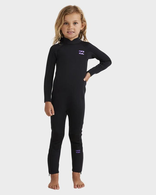 Image of a model wearing Tops. Productname: Billabong Girls 2-6 3/2Mm Foil Back Zip Gbs Steamer Wetsuit Black Orchid - in Black Orchid colour by brand - Billabong