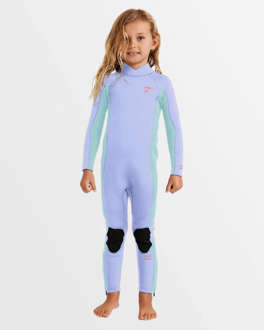 Image of a model wearing Tops. Productname: Billabong Girls 2-6 3/2Mm Foil Back Zip Steamer Wetsuit Cosmic Blue - in Cosmic Blue colour by brand - Billabong