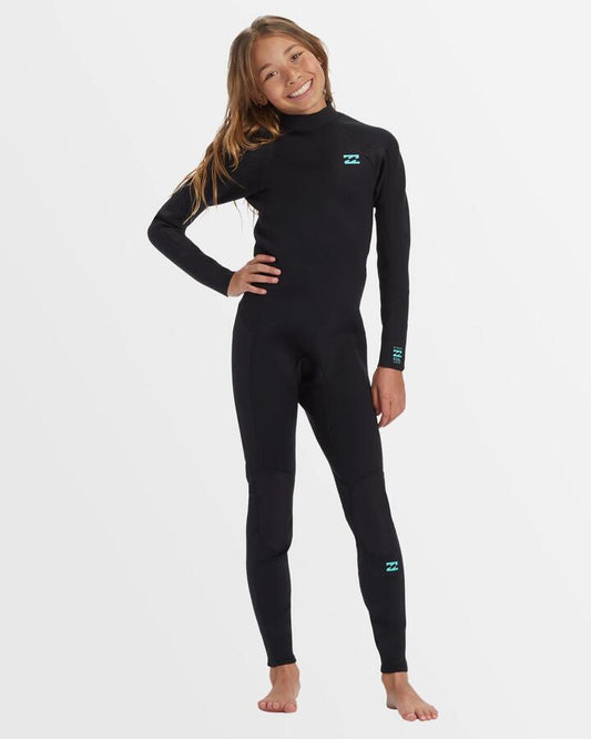 Image of a model wearing Tops. Productname: Billabong Girls 6-16 3/2Mm Foil Back Zip Steamer Wetsuit Black - in Black colour by brand - Billabong
