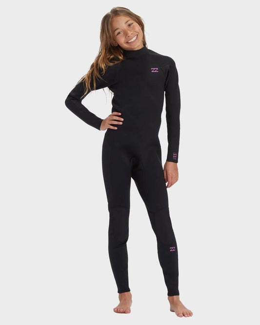 Image of a model wearing Tops. Productname: Billabong Girls 6-16 3/2Mm Foil Back Zip Gbs Wetsuit Black Orchid - in Black Orchid colour by brand - Billabong