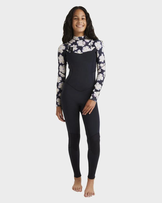 Image of a model wearing Tops. Productname: Billabong Girls 8-14 Salty Dayz Natural Chest Zip Steamer Wetsuit Black Pebble - in Black Pebble colour by brand - Billabong
