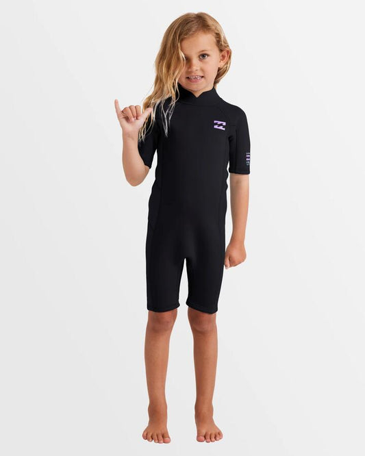 Image of a model wearing Tops. Productname: Billabong Girls 2-6 2/2Mm Foil Back Zip Springsuit Black Orchid - in Black Orchid colour by brand - Billabong