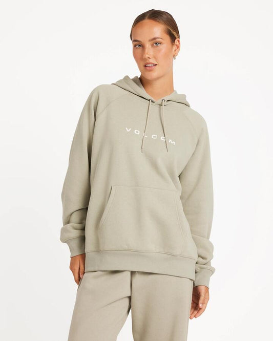 Image of a model wearing Outerwear. Productname: Volcom Womens Get More Pullover Hoodie Sea Glass - in Sea Glass colour by brand - Volcom