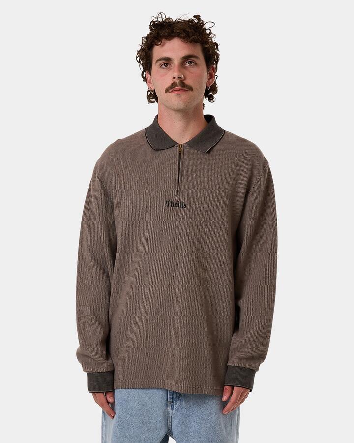 Image of a model wearing Tops. Product name - Thrills Mens Thrills Union Rugby Jacquard Long Sleeve T-Shirt Falcon in Falcon colour by brand - Thrills