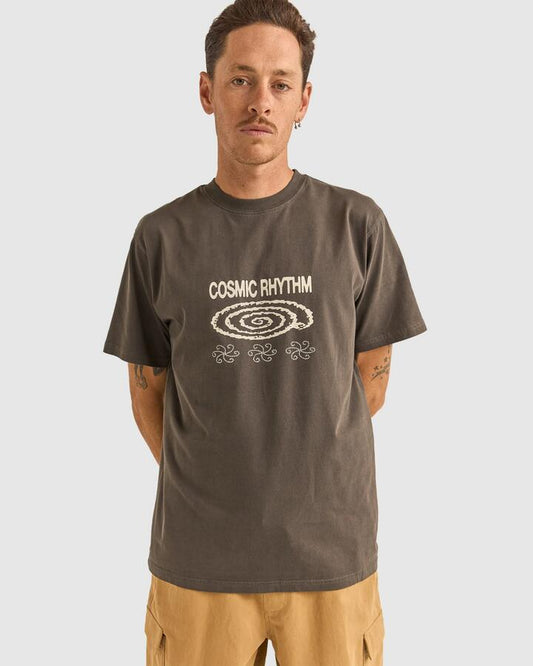 Image of a model wearing Tops. Productname: Rhythm Mens Swirl Vintage Short Sleeve T-Shirt Vintage Black - in Vintage Black colour by brand - Rhythm