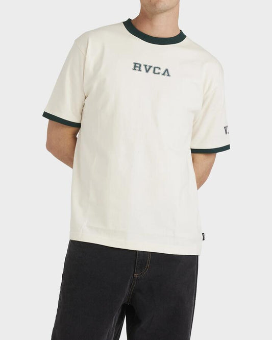 Image of a model wearing Tops. Productname: RVCA Mens Varsity Ringer Short Sleeve Shirt Unbleached - in Unbleached colour by brand - RVCA
