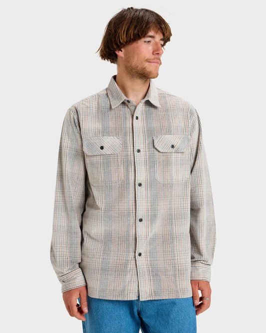 Image of a model wearing Tops. Productname: Quiksilver Mens Venture Corduroy Long Sleeve Shirt Wind Chime Plaid - in Wind Chime Plaid colour by brand - Quiksilver