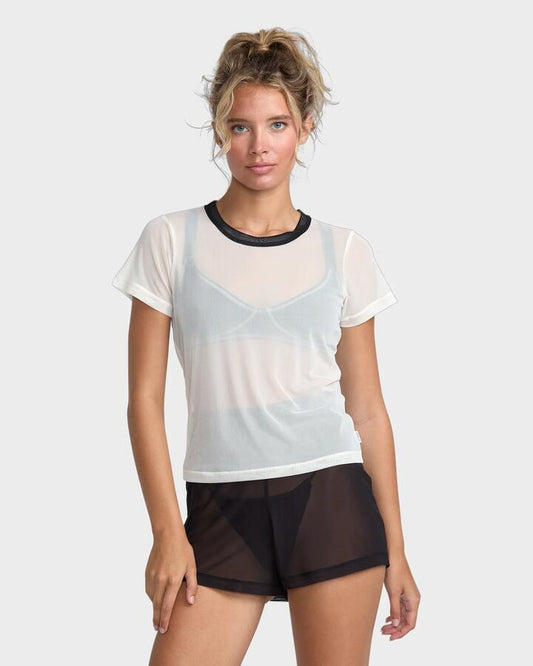 Image of T-Shirts. Product name - RVCA Womens Aren Mesh Baby T-Shirt Cloud in Cloud colour by brand - RVCA