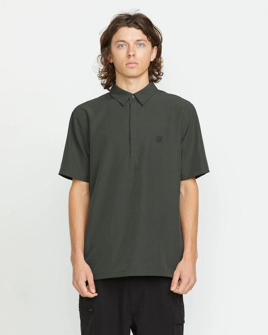 Image of a model wearing Tops. Productname: Volcom Mens Tt Sense Popover Short Sleeve Shirt Stealth - in Stealth colour by brand - Volcom
