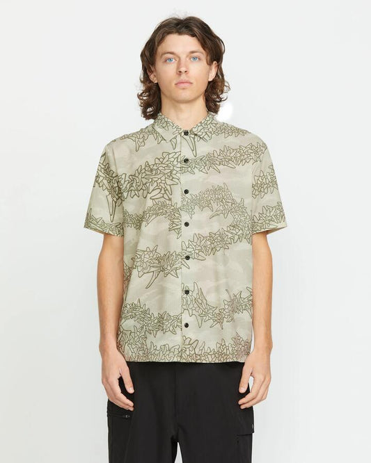 Image of a model wearing Tops. Productname: Volcom Mens Tt Sense Short Sleeve Shirt Light Beige - in Light Beige colour by brand - Volcom