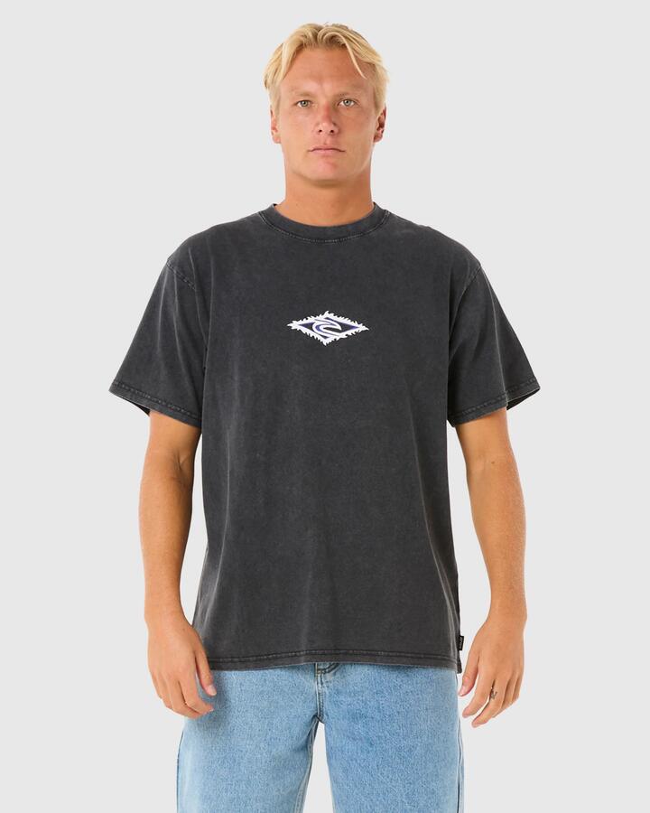 Image of a model wearing Tops. Productname: Rip Curl Mens Raw Energy Sloth T-Shirt Black - in Black colour by brand - Rip Curl