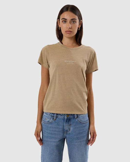 Image of a model wearing Tops. Productname: Thrills Womens Acclaim Everyday T-Shirt Tan - in Tan colour by brand - Thrills