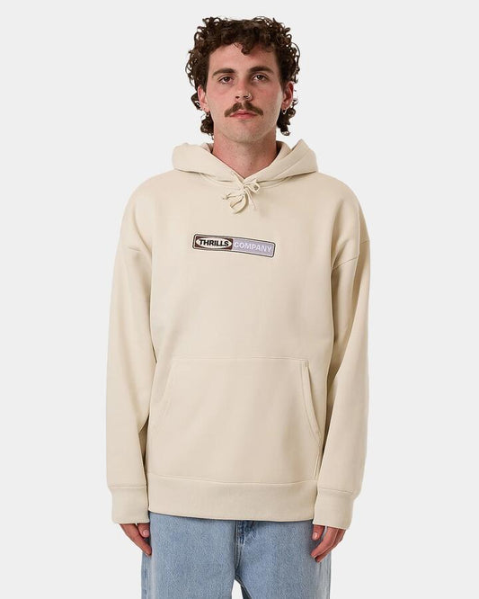 Image of a model wearing Outerwear. Productname: Thrills Mens Locked In Slouch Pullover Hoodie Heritage White - in Heritage White colour by brand - Thrills