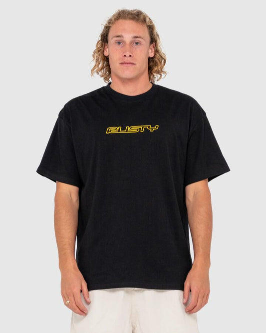 Image of a model wearing Tops. Productname: Rusty Mens Flip Daddy T-Shirt Black - in Black colour by brand - Rusty