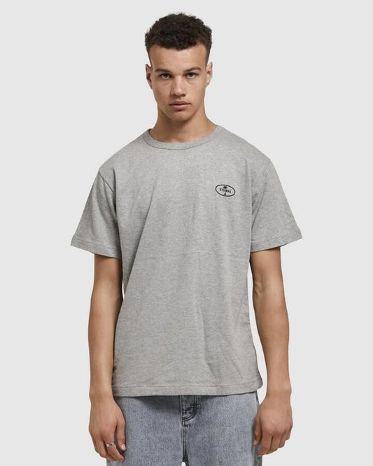 Image of a model wearing Tops. Productname: Thrills Mens In A State Of Relaxation Merch T-Shirt Grey Marle - in Grey Marle colour by brand - Thrills