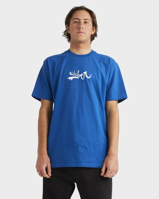 Image of a model wearing Tops. Productname: Quiksilver Mens Quiksilver Impaired Logo T-Shirt Monaco Blue - in Monaco Blue colour by brand - Quiksilver