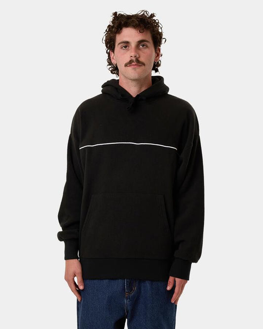 Image of a model wearing Outerwear. Productname: Thrills Mens Hazed Slouch Polar Fleece Pulover Hoodie Black - in Black colour by brand - Thrills