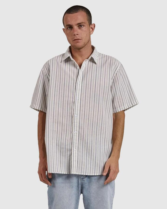 Image of a model wearing Tops. Productname: Thrills Mens Lucky Strike Short Sleeve Shirt Dirty White - in Dirty White colour by brand - Thrills