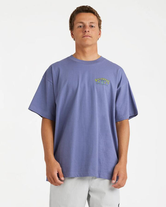 Image of a model wearing Tops. Productname: Billabong Mens Raging Bull Og T-Shirt Lavender - in Lavender colour by brand - Billabong