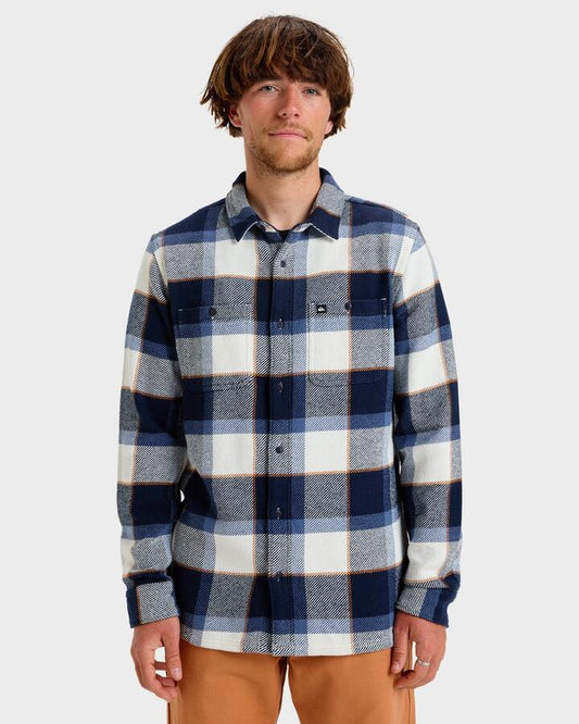 Image of a model wearing Tops. Productname: Quiksilver Mens Seeker Long Sleeve Shirt Snow White Plaid - in Snow White Plaid colour by brand - Quiksilver