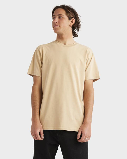 Image of a model wearing Tops. Productname: Quiksilver Mens Salt Water Crew T-Shirt Khaki - in Khaki colour by brand - Quiksilver