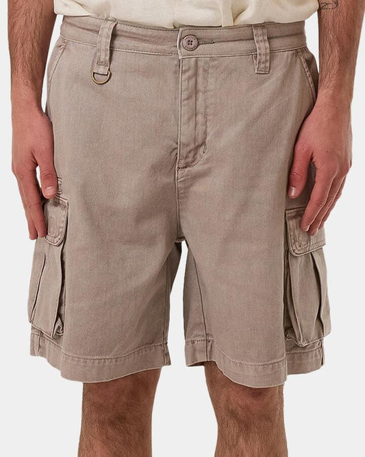 Image of a model wearing Shorts. Productname: Thrills Mens Slacker Union Cargo Shorts String - in String colour by brand - Thrills
