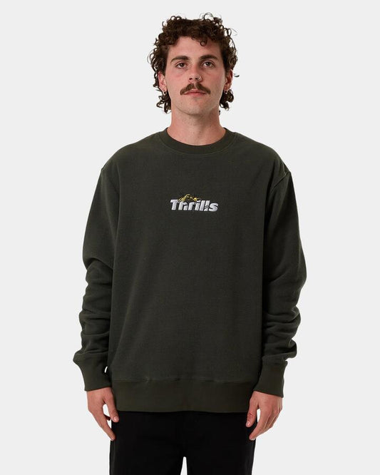 Image of a model wearing Outerwear. Productname: Thrills Mens Solace Of Nature Polar Fleece Crew Neck Oil Green - in Oil Green colour by brand - Thrills