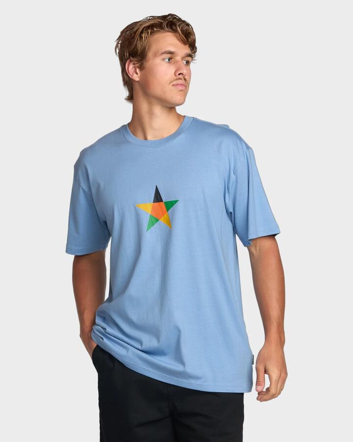 Image of a model wearing Tops. Productname: Billabong Mens Star T-Shirt Sky Blue - in Sky Blue colour by brand - Billabong