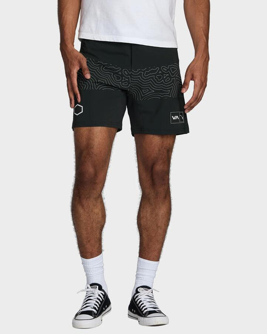 Image of a model wearing Shorts. Productname: RVCA Mens Hawaii Fight Technical Shorts Black - in Black colour by brand - RVCA