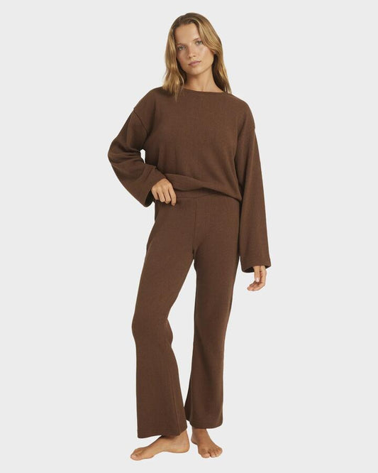 Image of a model wearing Pants. Productname: Roxy Womens Stay Cozy Pants Fondue Fudge - in Fondue Fudge colour by brand - Roxy