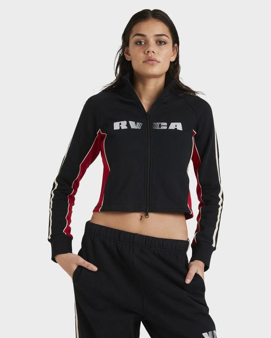 Image of a model wearing Outerwear. Productname: RVCA Womens Va Track Top Jacket Rvca Black - in Rvca Black colour by brand - RVCA
