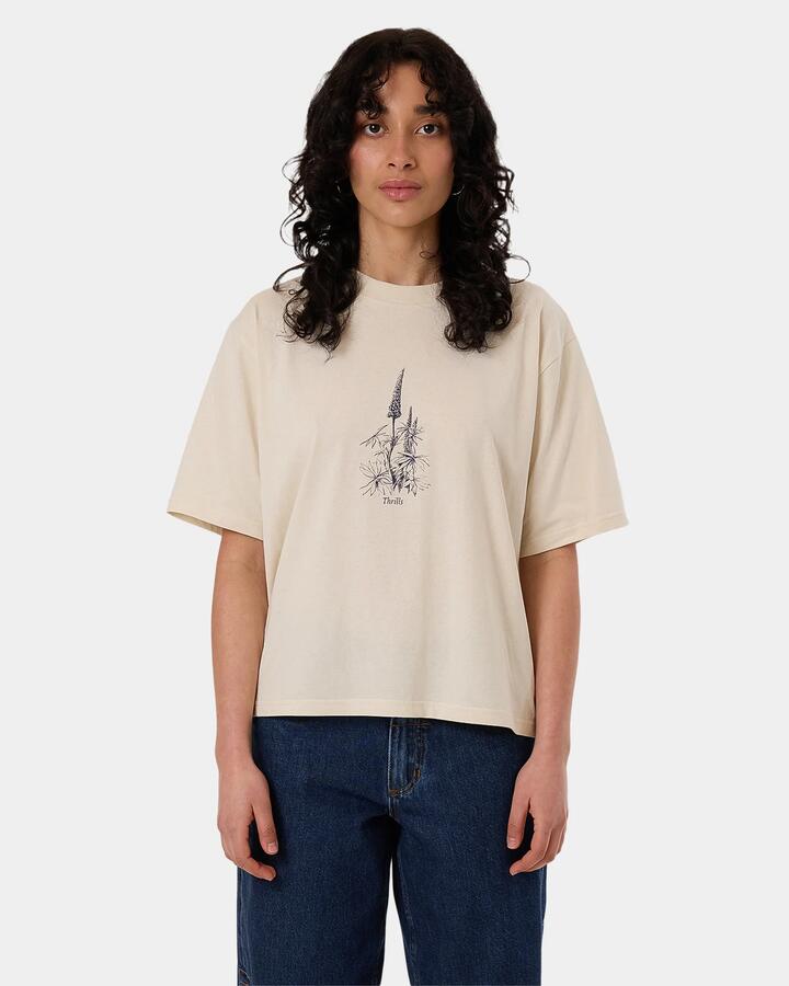 Image of a model wearing Tops. Productname: Thrills Womens Lupin Square T-Shirt Heritage White - in Heritage White colour by brand - Thrills