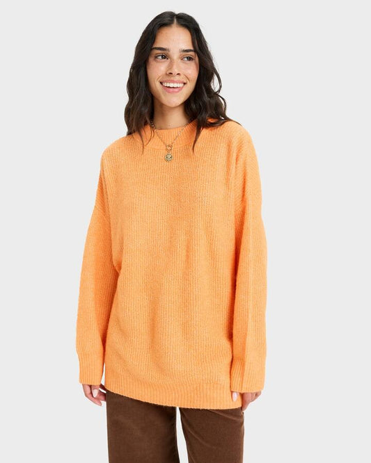 Image of a model wearing Outerwear. Productname: Roxy Womens Little Dume Knitted Jumper Nectarine - in Nectarine colour by brand - Roxy