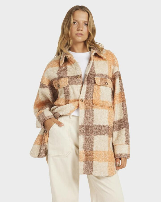 Image of a model wearing Outerwear. Productname: Roxy Womens Over And Out Shacket Over And Out Plaid - in Over And Out Plaid colour by brand - Roxy