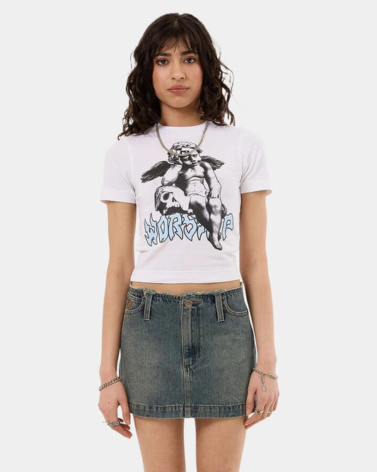 Image of a model wearing Tops. Productname: Worship Womens Mortality Slim Fit T-Shirt White - in White colour by brand - Worship