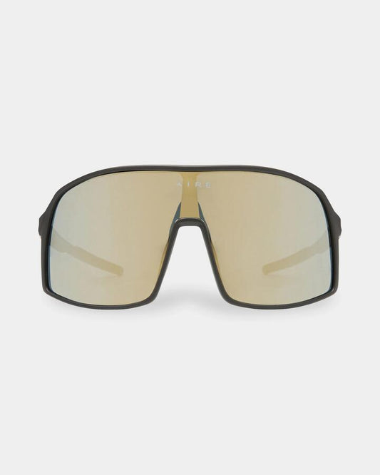 Image of Sunglasses. Productname: Aire Blazars Matte Black Oversized Sunglasses Gold Mirror - in Gold Mirror colour by brand - Aire