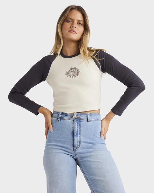 Image of a model wearing Tops. Productname: Billabong Womens Bing The Sun Long Sleeve T-Shirt Whitecap - in Whitecap colour by brand - Billabong